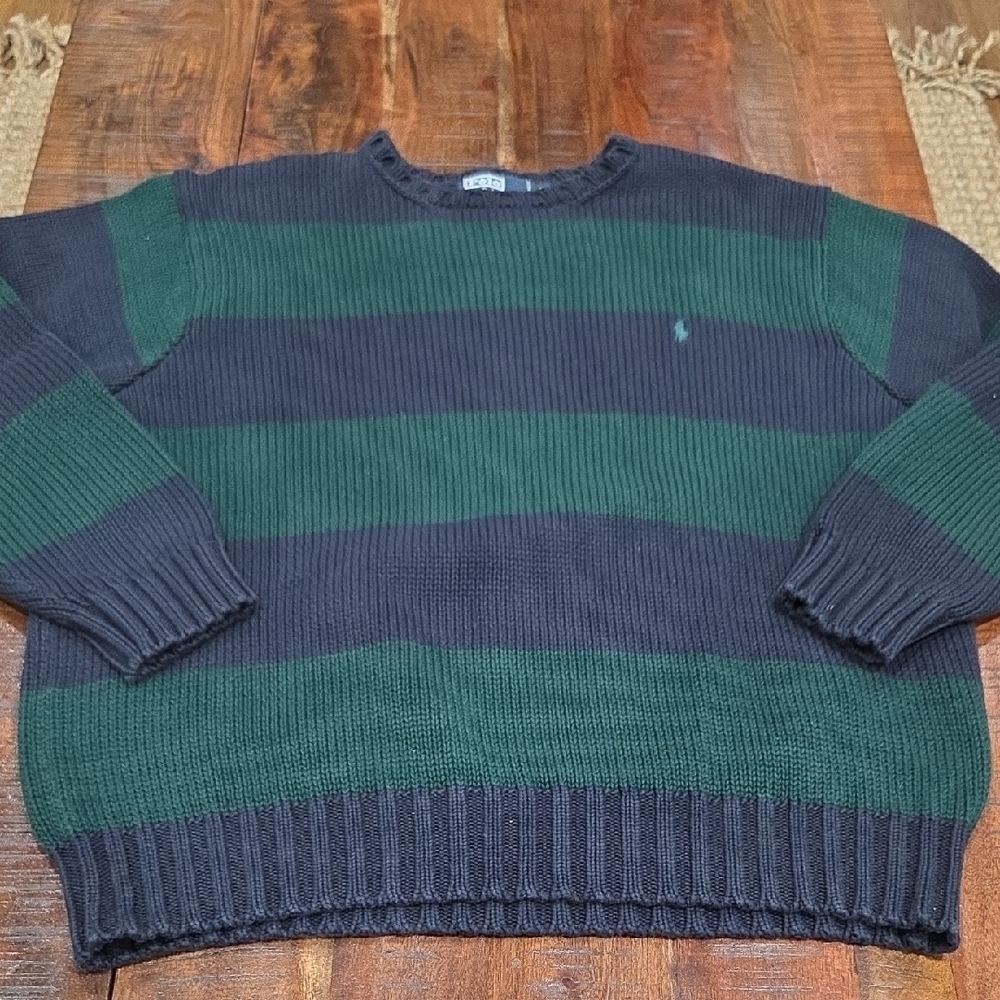 Ralph Lauren Men's Stunning Green and Black Striped Crewneck Sweater